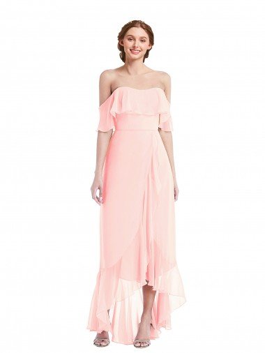 Affordable Off the Shoulder Ruffled High Low Maxi Bridesmaid Dress UK