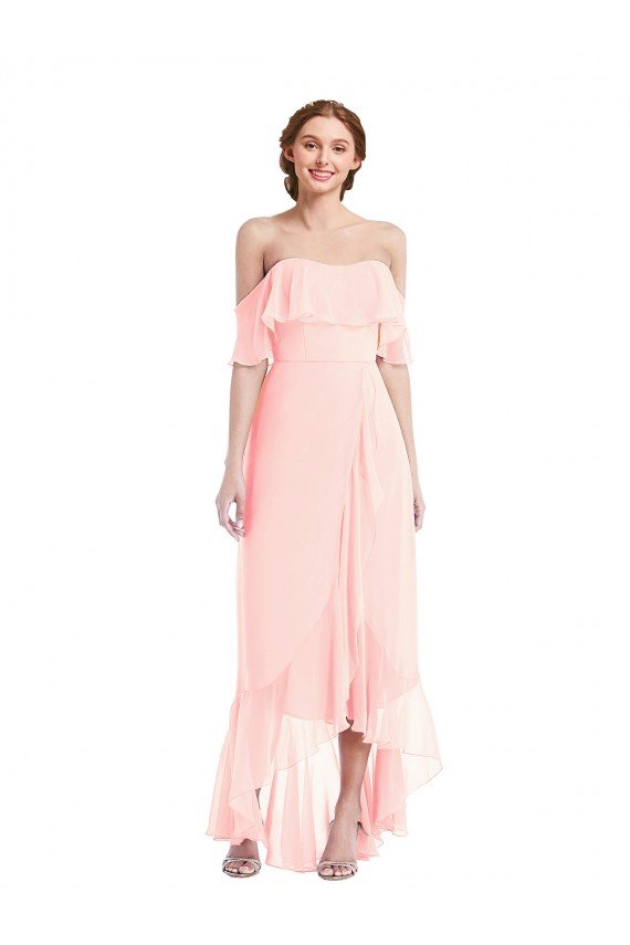 Affordable Off the Shoulder Ruffled High Low Maxi Bridesmaid Dress UK