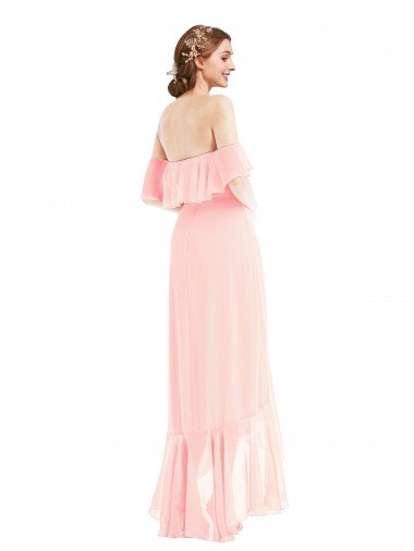 Affordable Off the Shoulder Ruffled High Low Maxi Bridesmaid Dress UK