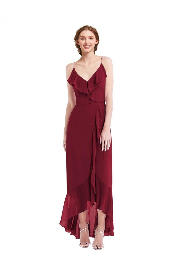 Affordable Ruffle Trimmed V-Neck High Low Wrap Chiffon Bridesmaid Dress UK