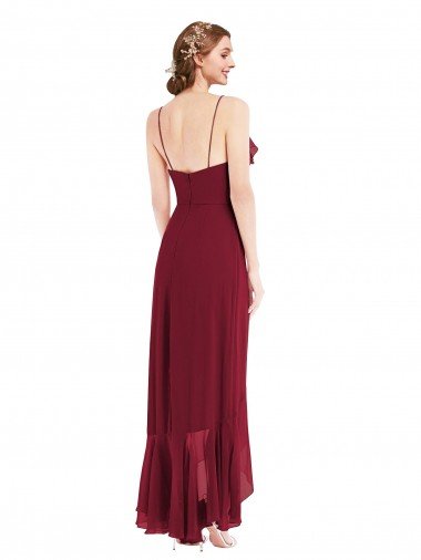 Affordable Ruffle Trimmed V-Neck High Low Wrap Chiffon Bridesmaid Dress UK