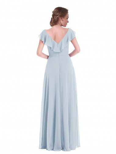 Affordable Ruffle Trimmed V Back Chiffon Maxi Bridesmaid Dress UK