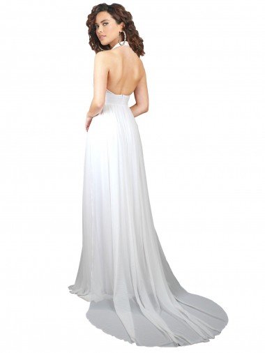 Affordable Simple Halter Plunge V-Neckline Chiffon Beach Wedding Dress with High Leg Split UK
