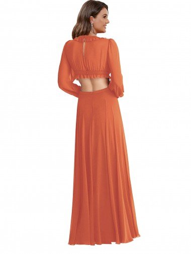 Affordable High Low Ruffled Long Chiffon Cutout Bishop Sleeves Maxi Bridesmaid Dress UK