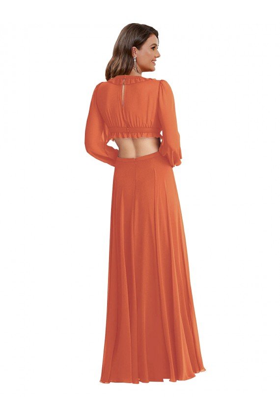 Affordable High Low Ruffled Long Chiffon Cutout Bishop Sleeves Maxi Bridesmaid Dress UK