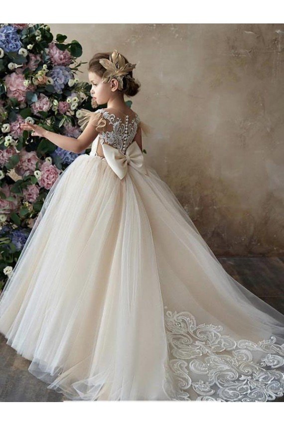 Affordable Champagne Ball Gown Sweetheart Chapel Train Sleeveless Flower Girl Dress UK