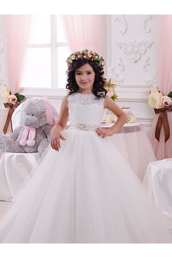 Affordable Ivory Ball Gown Bateau Chapel Train Sleeveless Flower Girl Dress UK