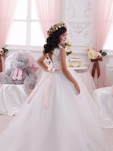 Affordable Ivory Ball Gown Bateau Chapel Train Sleeveless Flower Girl Dress UK