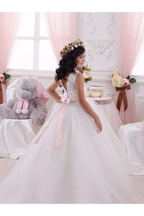 Affordable Ivory Ball Gown Bateau Chapel Train Sleeveless Flower Girl Dress UK