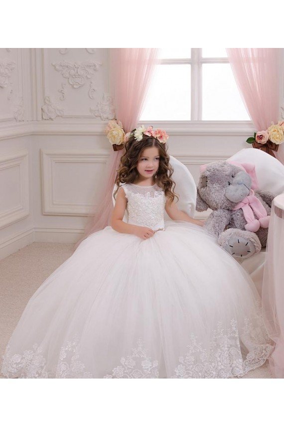 Affordable Ivory Ball Gown Bateau Neck Chapel Train Sleeveless Flower Girl Dress UK