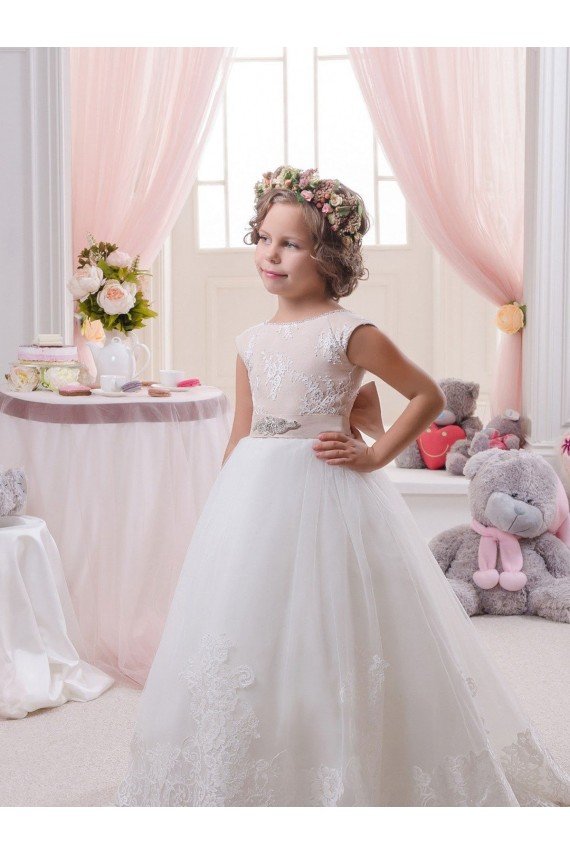 Affordable Ivory Ball Gown Bateau Neck Chapel Train V-Back Flower Girl Dress UK