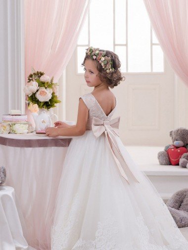Affordable Ivory Ball Gown Bateau Neck Chapel Train V-Back Flower Girl Dress UK