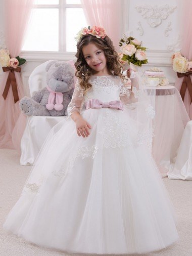 Affordable Ivory Ball Gown Bateau Neck Long Chapel Train Sleeveless Flower Girl Dress UK