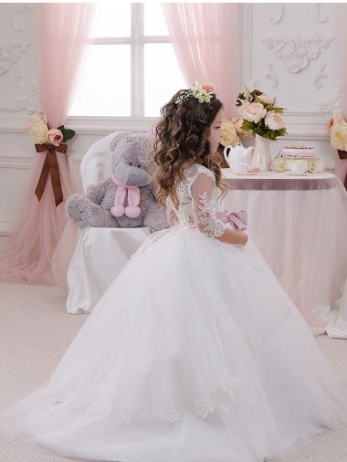 Affordable Ivory Ball Gown Bateau Neck Long Chapel Train Sleeveless Flower Girl Dress UK