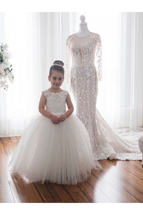 Affordable Ivory Ball Gown Chapel Train Sleeveless Flower Girl Dress UK