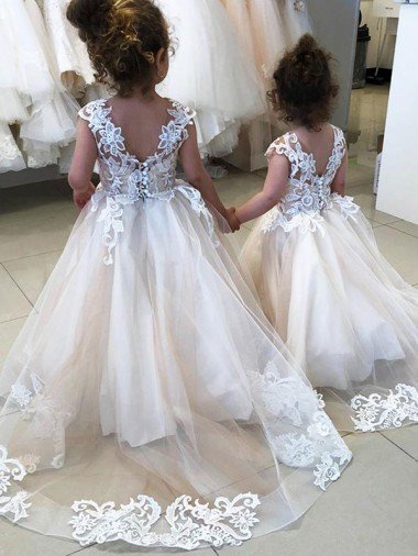 Affordable Ivory Ball Gown Chapel Train Sleeveless V-Back Flower Girl Dress UK