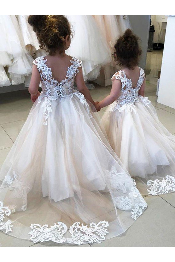 Affordable Ivory Ball Gown Chapel Train Sleeveless V-Back Flower Girl Dress UK