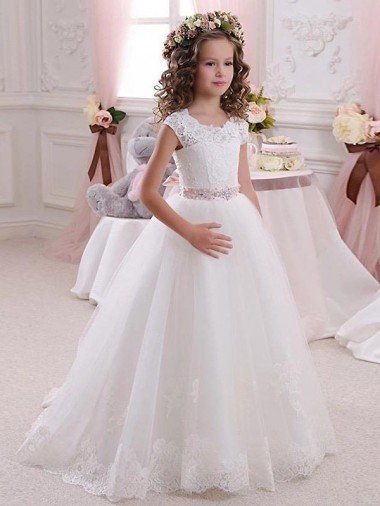 Affordable Ivory Ball Gown High Neck Floor Length Keyhole Back Flower Girl Dress UK