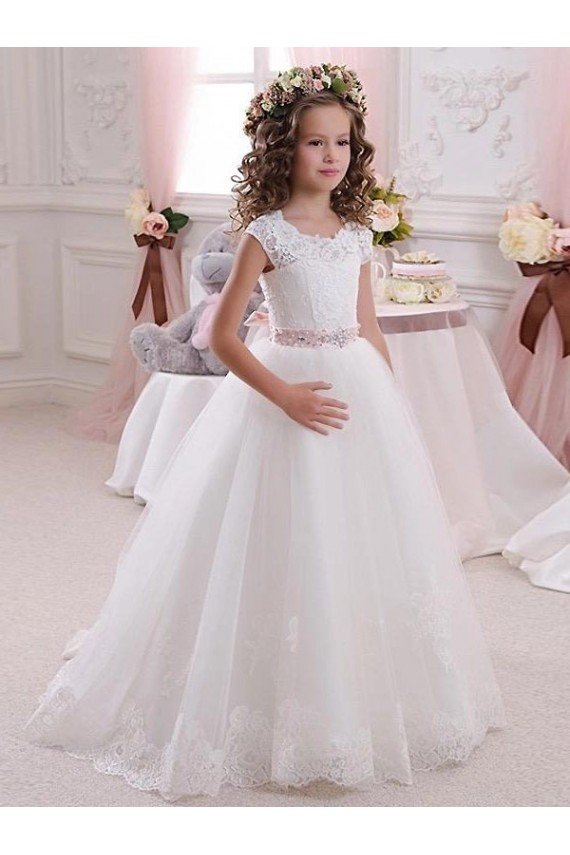 Affordable Ivory Ball Gown High Neck Floor Length Keyhole Back Flower Girl Dress UK