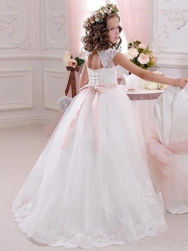 Affordable Ivory Ball Gown High Neck Floor Length Keyhole Back Flower Girl Dress UK