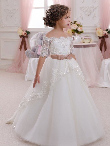 Affordable Ivory Ball Gown High Neck Floor Length Short Sleeve Flower Girl Dress UK