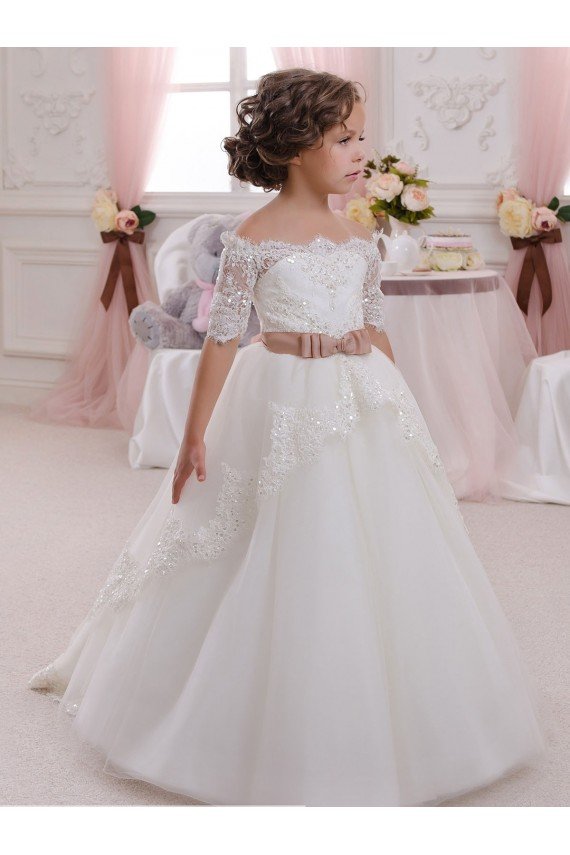 Affordable Ivory Ball Gown High Neck Floor Length Short Sleeve Flower Girl Dress UK