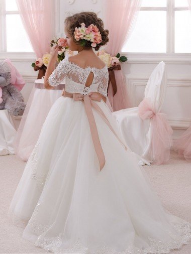 Affordable Ivory Ball Gown High Neck Floor Length Short Sleeve Flower Girl Dress UK