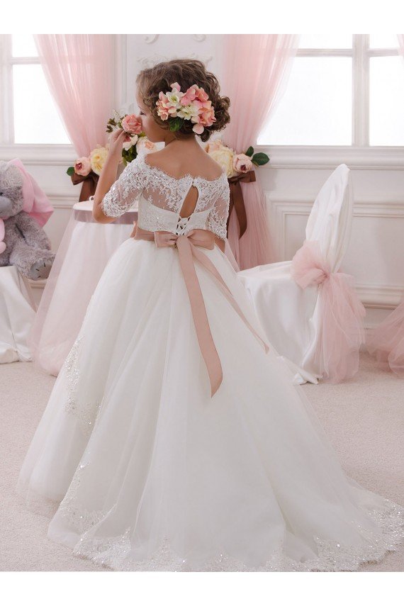 Affordable Ivory Ball Gown High Neck Floor Length Short Sleeve Flower Girl Dress UK