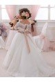 Affordable Ivory Ball Gown High Neck Floor Length Short Sleeve Flower Girl Dress UK