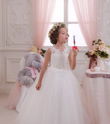 Affordable Ivory Ball Gown High Neck Floor Length Sleeveless Flower Girl Dress UK