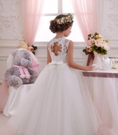 Affordable Ivory Ball Gown High Neck Floor Length Sleeveless Flower Girl Dress UK