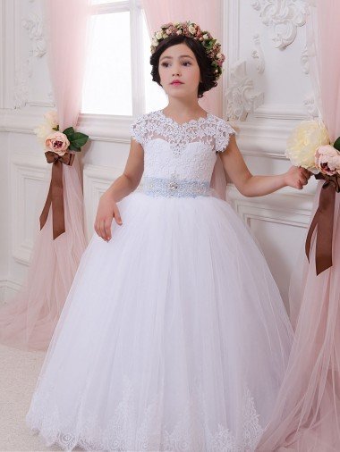 Affordable Ivory Ball Gown Sweetheart Chapel Train Cap Sleeve Flower Girl Dress UK