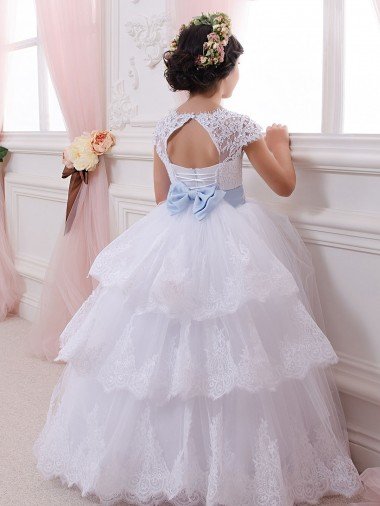 Affordable Ivory Ball Gown Sweetheart Chapel Train Cap Sleeve Flower Girl Dress UK