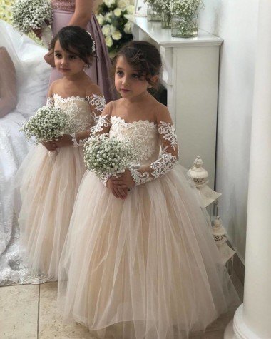 Affordable Ivory Ball Gown Sweetheart Chapel Train Long Sleeve Flower Girl Dress UK