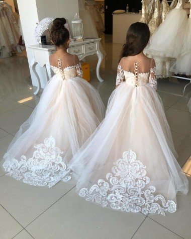 Affordable Ivory Ball Gown Sweetheart Chapel Train Long Sleeve Flower Girl Dress UK