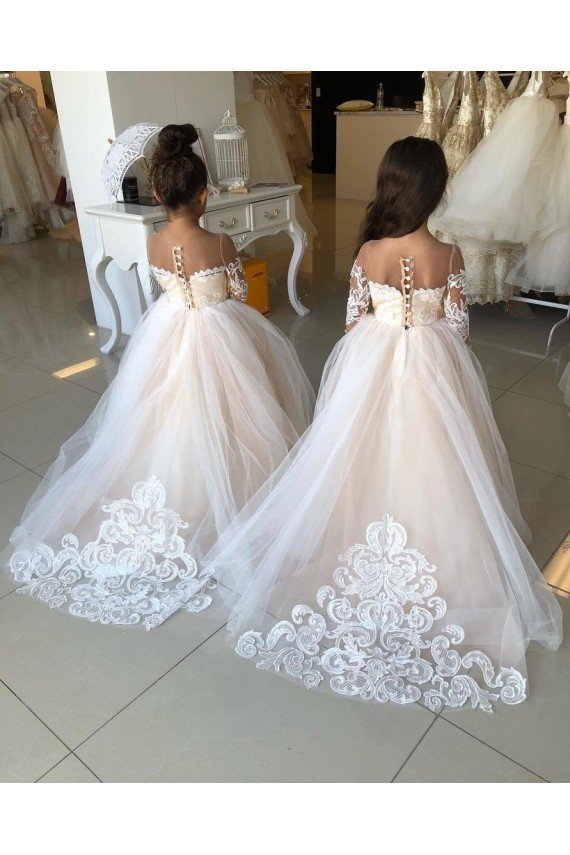 Affordable Ivory Ball Gown Sweetheart Chapel Train Long Sleeve Flower Girl Dress UK