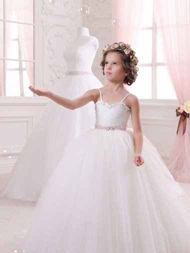Affordable Ivory Ball Gown Sweetheart Chapel Train Sleeveless Flower Girl Dress UK