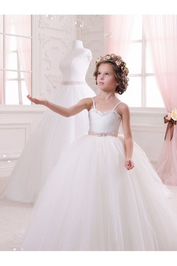 Affordable Ivory Ball Gown Sweetheart Chapel Train Sleeveless Flower Girl Dress UK