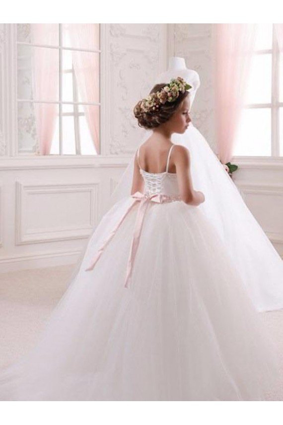 Affordable Ivory Ball Gown Sweetheart Chapel Train Sleeveless Flower Girl Dress UK