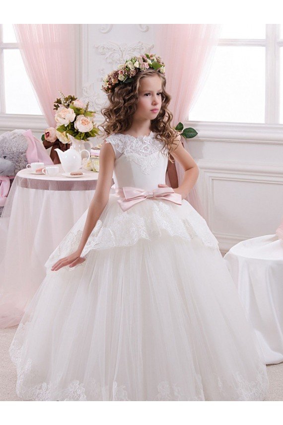 Affordable Ivory Ball Gown Sweetheart V-Back Sleeveless Flower Girl Dress UK