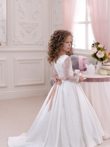 Affordable Ivory Ball Gown V-Neck Chapel Train Long Sleeve Flower Girl Dress UK