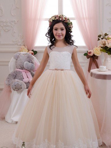 Affordable Ivory & Champagne Ball Gown Sweetheart Floor Length Sleeveless Flower Girl Dress UK