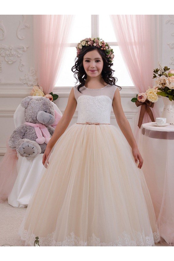 Affordable Ivory & Champagne Ball Gown Sweetheart Floor Length Sleeveless Flower Girl Dress UK