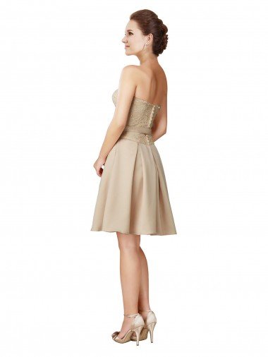 Affordable Short Classic Beaded Lace and Satin Bridesmaid Dress with Matching Satin Tie Sash UK