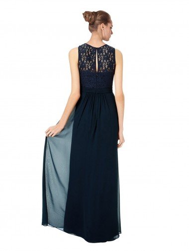 Affordable Long Chiffon Bridesmaid Dress with Lace Sleeveless Bodice and Keyhole Back UK