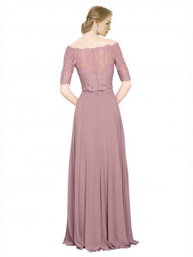 Affordable Off the Shoulder Lace Crop Top A-Line Chiffon Bridesmaid Dress / Prom Dress UK