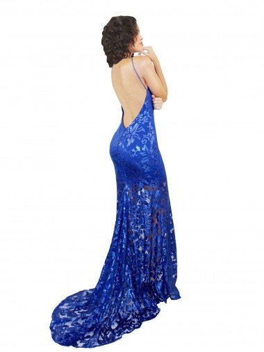 Affordable High Neck Long Open Back Lace Bridesmaid Dress / Prom Dress with Train UK