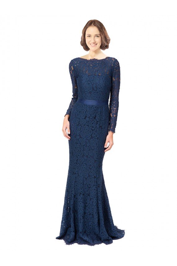 Affordable Long Sleeves Floor Length Vintage Lace Bridesmaid Dress with Deep V-Back UK
