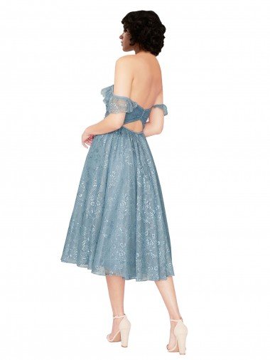 Affordable Off the Shoulder Sweetheart Chantilly Lace Midi Length Cocktail Bridesmaid Dress UK