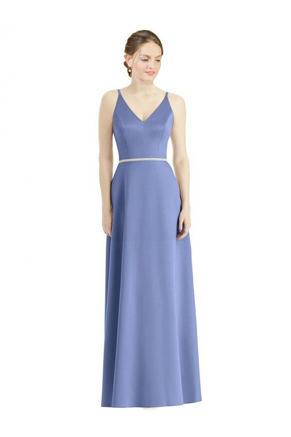 Affordable Long Floor Length V-Neck Satin Bridesmaid Dress with Spaghetti Straps UK